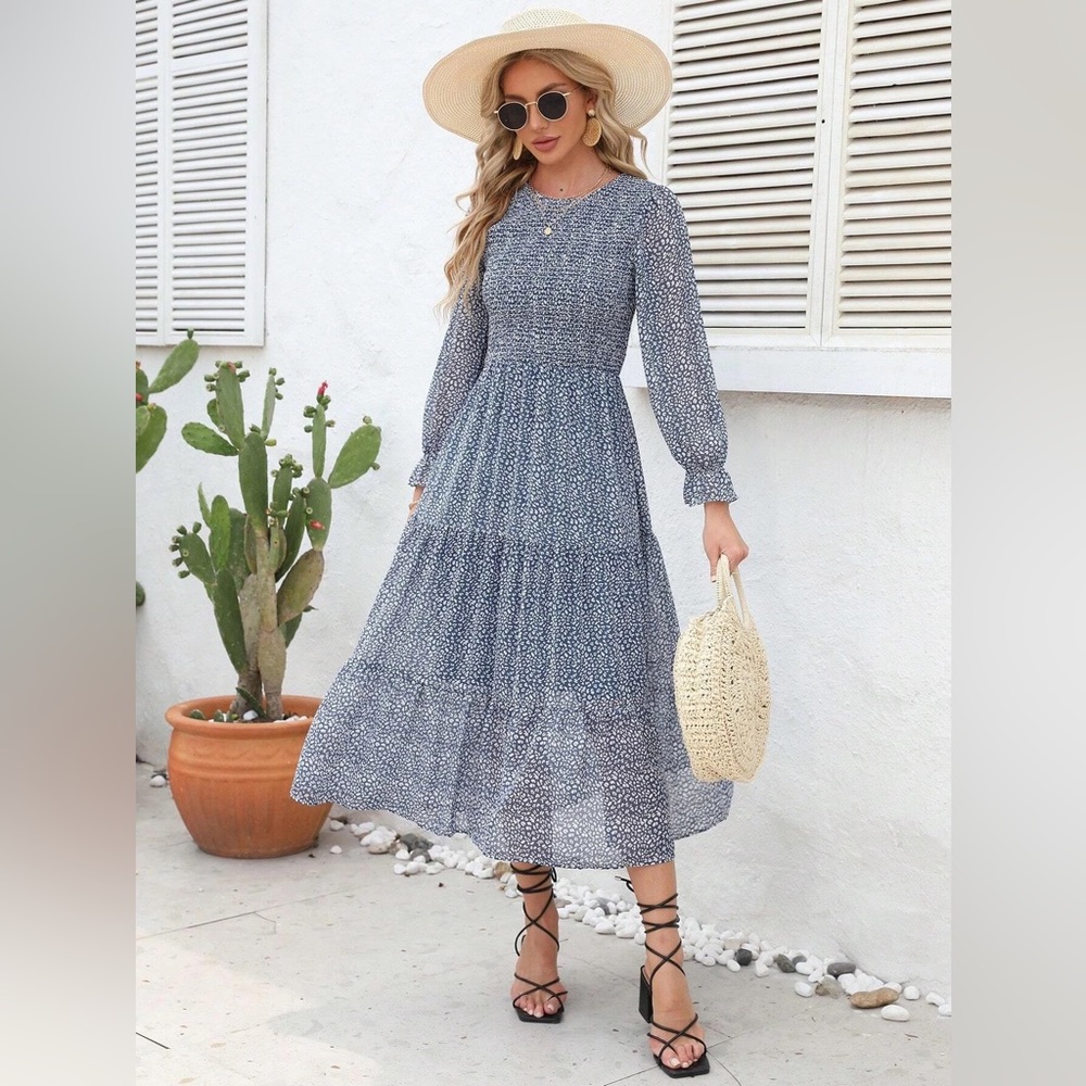 🆕 Blue & White All Over Print Flounce Sleeve Chiffon Shirred Top Maxi Dress 👗
